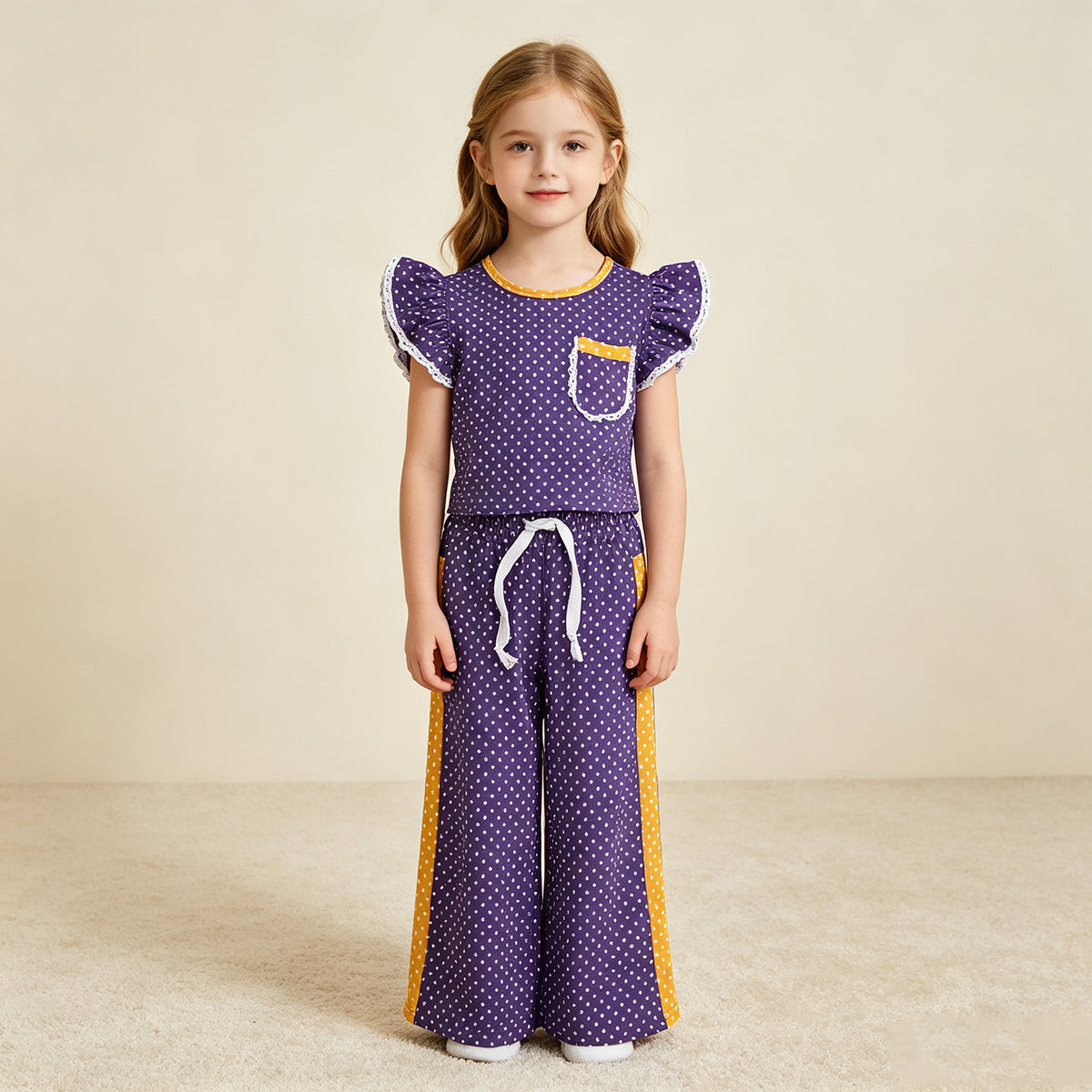 NEW RTS NO MOQ milk silk GSPO2366 Baby Girls Purple Polka Dots Pocket Top Flare Pant Set Casual Outfit