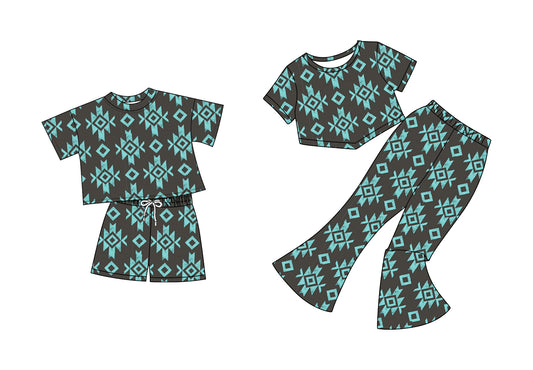 5.2 custom each style moq 5eta 4-6week Sibling Sisters geometric baby short sleeve shorts sets and pants sets match family design