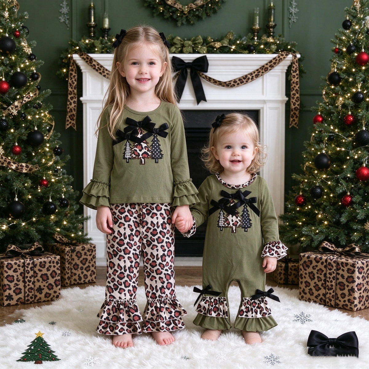 Toddler & Baby Girls Leopard Christmas Tree Collection - Olive Green Bow Ruffle Pant Set & Baby Long Sleeve Romper