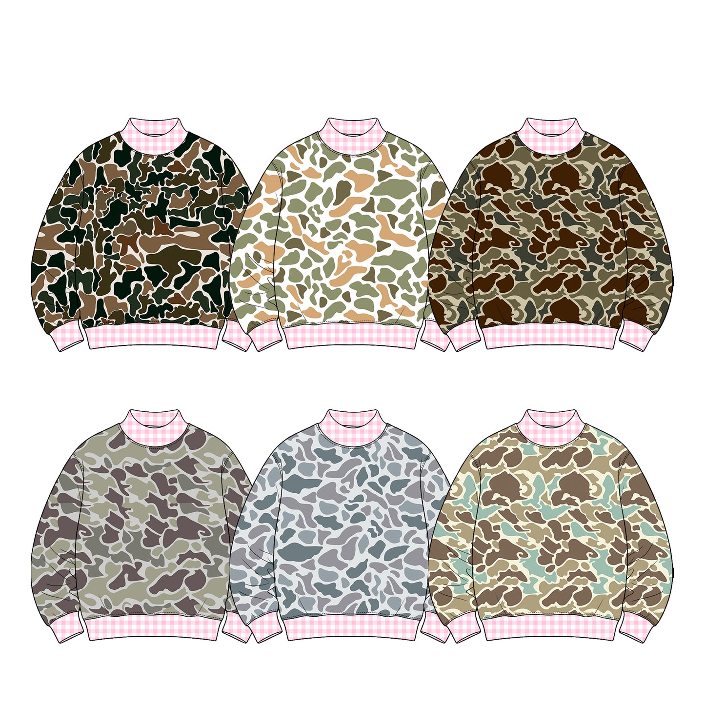 (Preorder new) No moq Baby Girls Boys High Neck Long Sleeve Camo T‑shirts Top Spring Fall Casual Pullover Tees