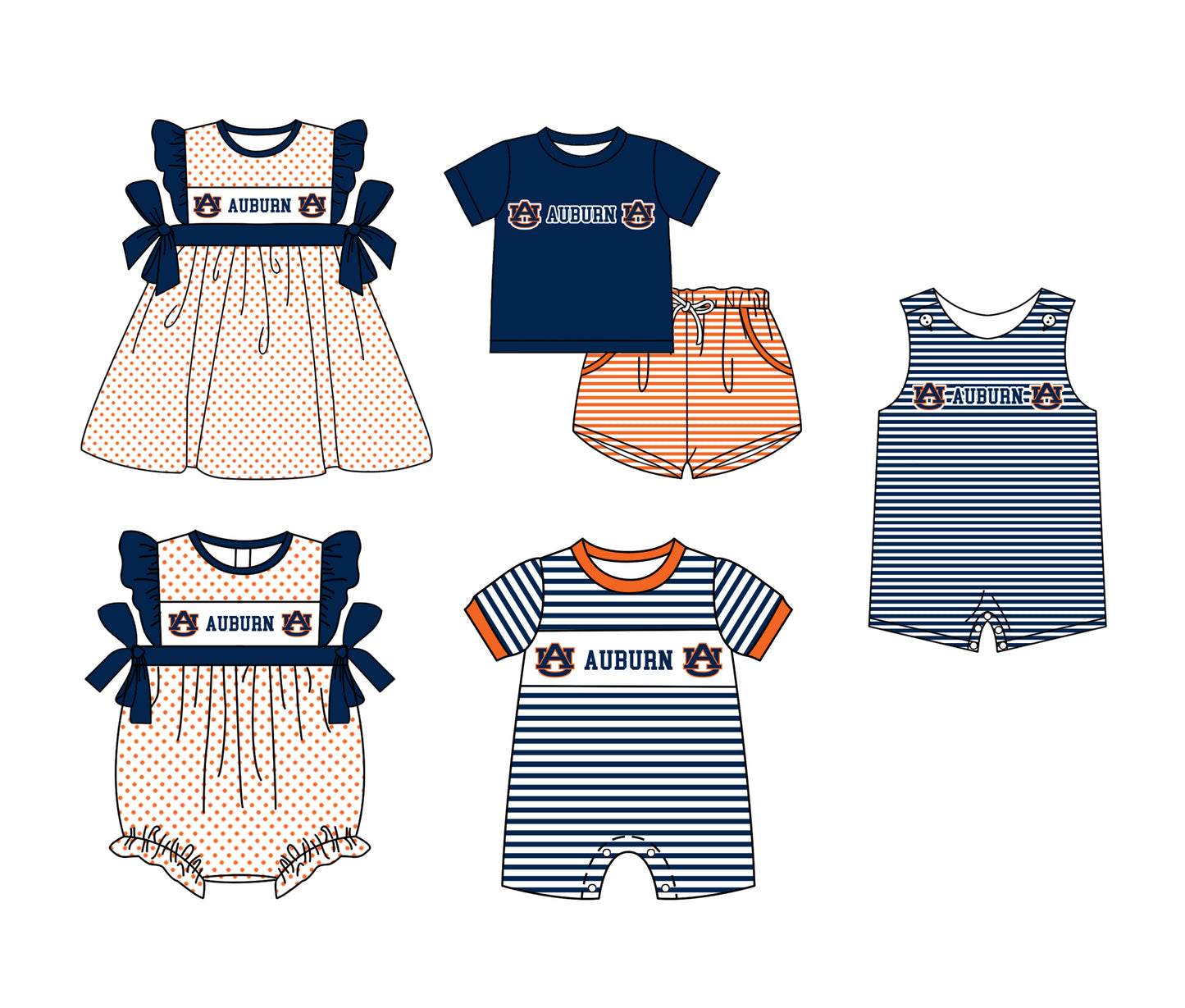 Custom moq 5 mix size milk silk summer teams Boys Navy Blue Short Sleeve Top Striped Shorts Set With Matching Romper Girls Flutter Sleeve Polka Dot Dress Romper