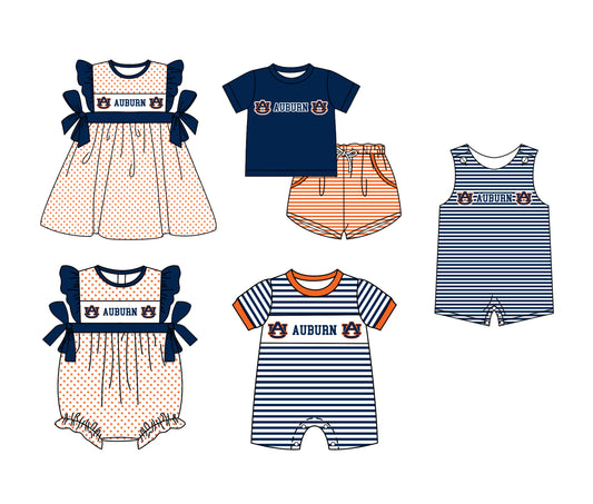Custom moq 5 mix size milk silk summer teams Boys Navy Blue Short Sleeve Top Striped Shorts Set With Matching Romper Girls Flutter Sleeve Polka Dot Dress Romper