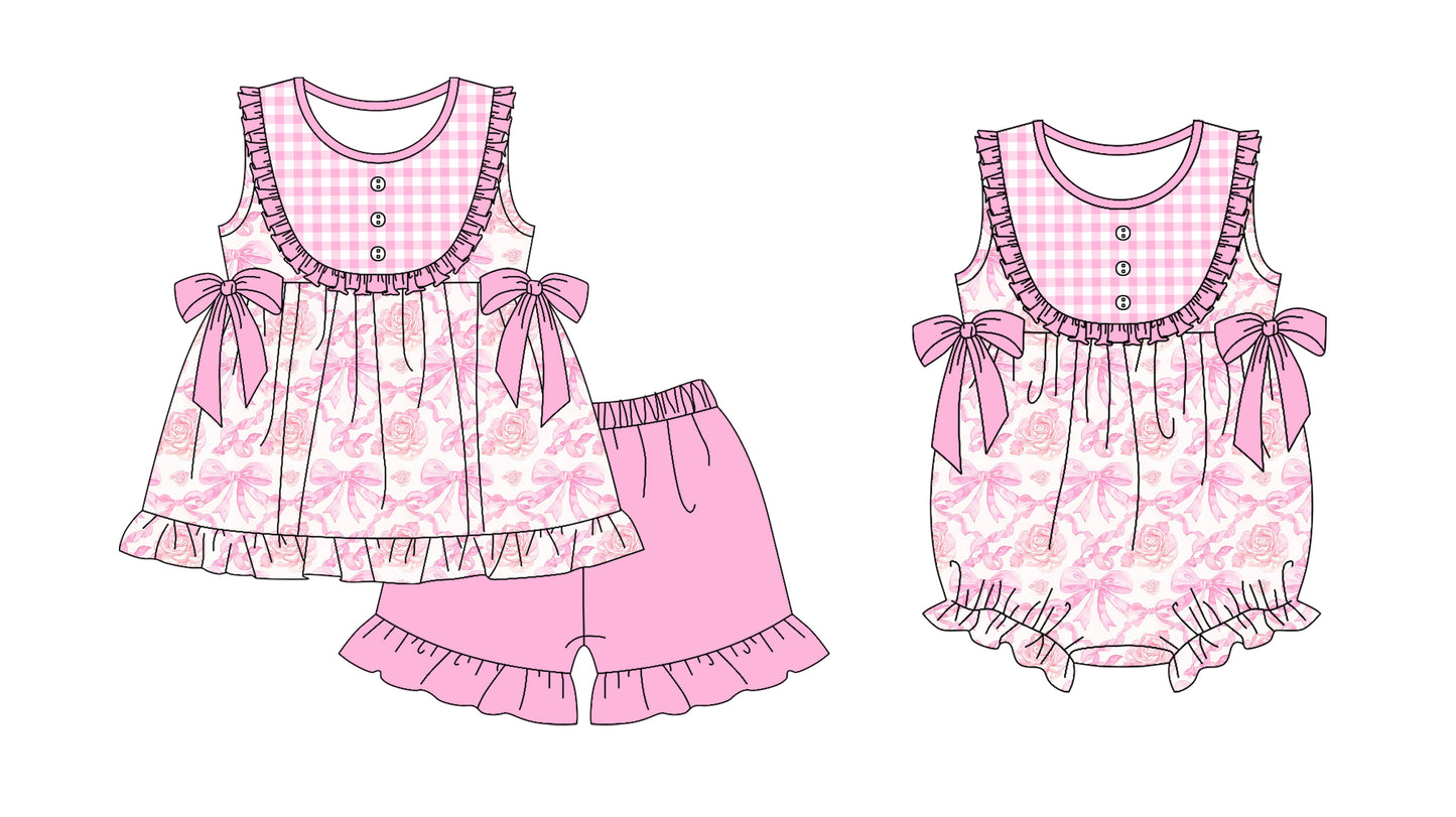 25.5.22 custom each style moq 5eta 4-6week Sibling Sisters bow floral pink baby girl short sleeve shorts sets and rompers match family design