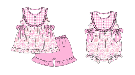 25.5.22 custom each style moq 5eta 4-6week Sibling Sisters bow floral pink baby girl short sleeve shorts sets and rompers match family design