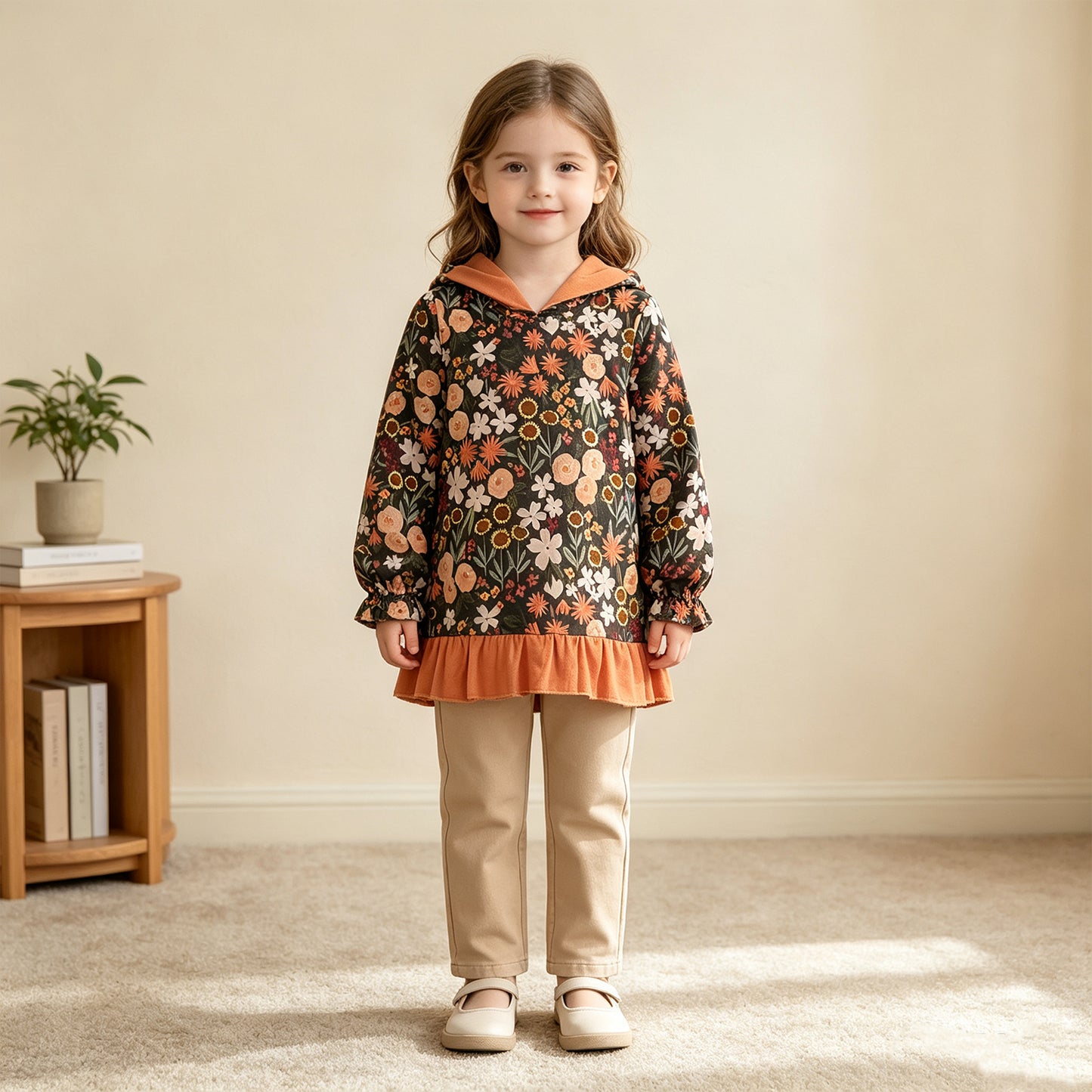 NEW RTS NO MOQ milk silk GT1644 Baby Girls Flower Print Ruffle Cuff Hooded Sweatshirt Casual Daily Top