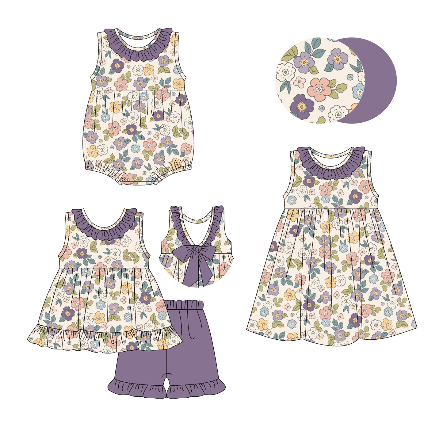 2.27 custom each style moq 5eta 4-6week Sibling Sisters floral baby girl short sleeve shorts sets and dress and rompers match family design