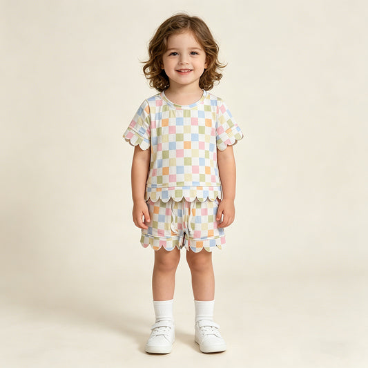 RTS NO MOQ GSSO3419 Baby Girls Summer Colorful Checked Scallop Edge Pocket Short Set