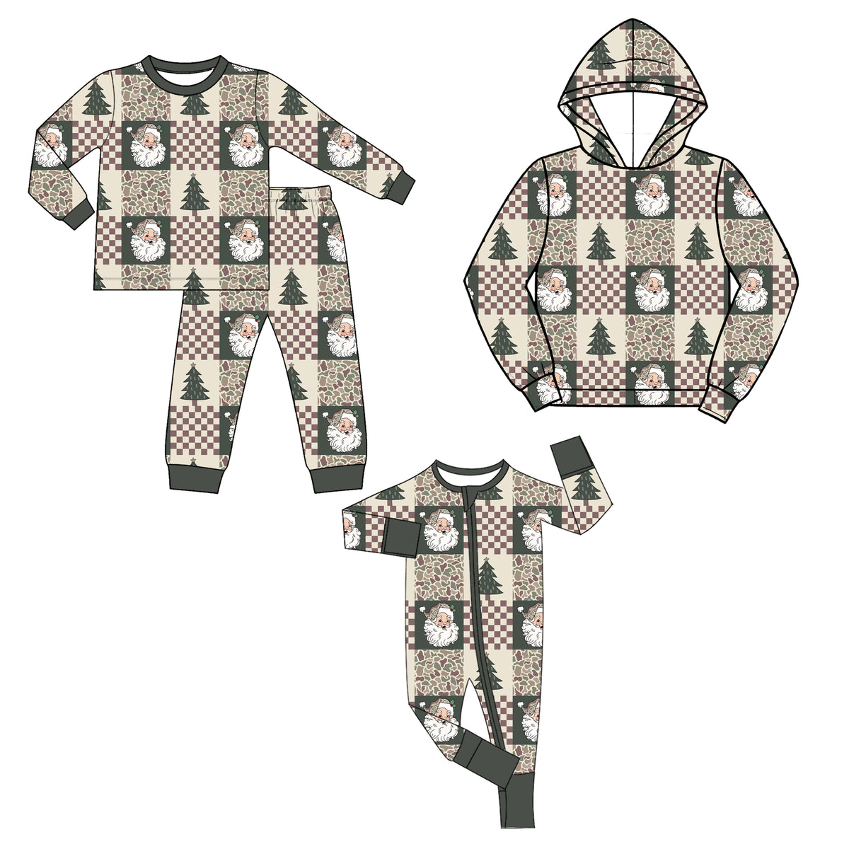 (Preorder new) No moq Baby Boys Santa Claus Christmas Tree Checkerboard Print Outfit Set Long Sleeve Pajama Set Hoodie Baby Zipper Romper Dark Green Trim Holiday Clothes