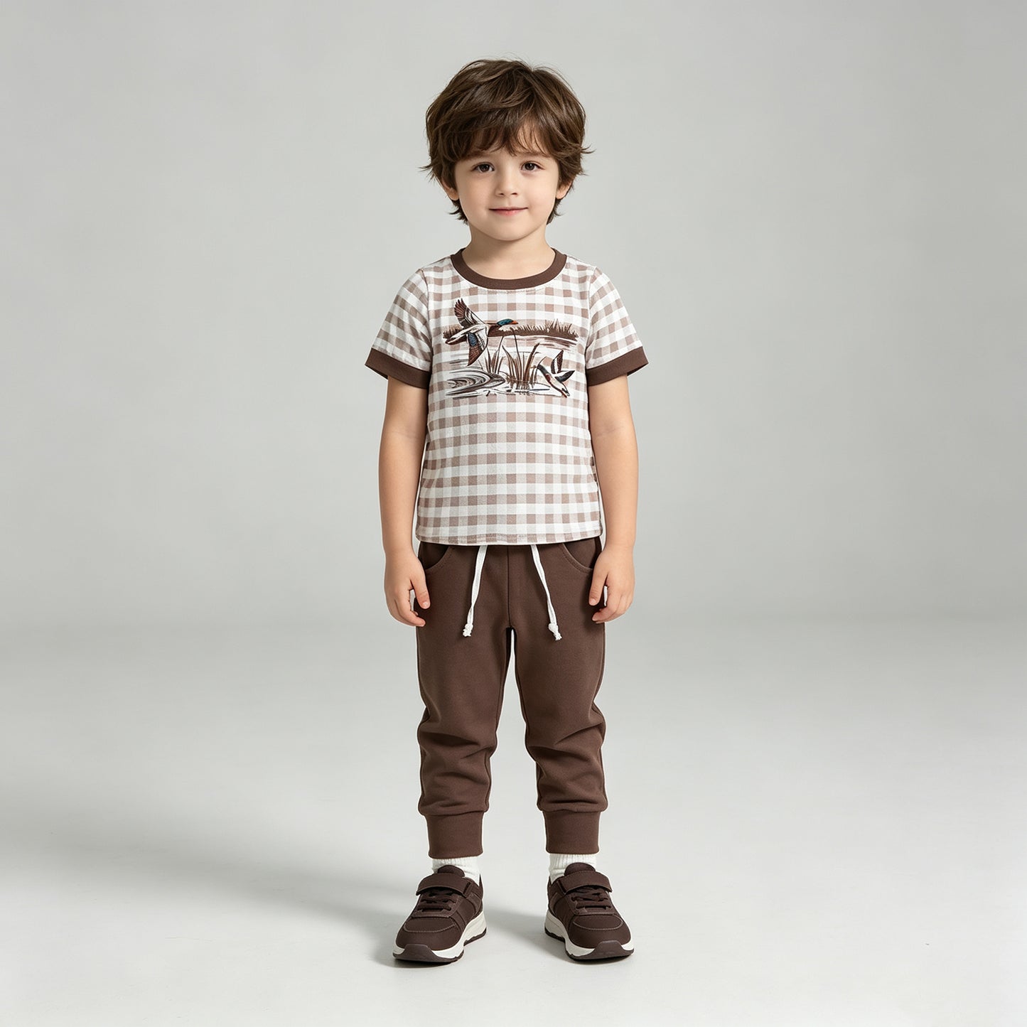 NEW RTS NO MOQ milk silk BSPO0689 Baby Boys Brown Checked Duck Print Pocket Long Sleeve Top Jogger Pants Clothes Set