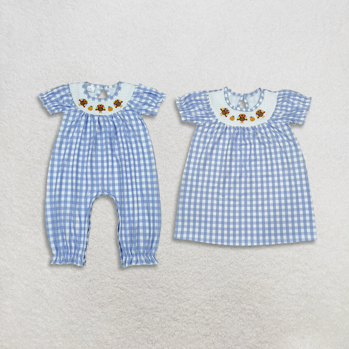RTS NO MOQ Sibling milk silk Smocked Baby Girls Thanksgiving Turkey Embroidery Blue Gingham Romper And Dress Set