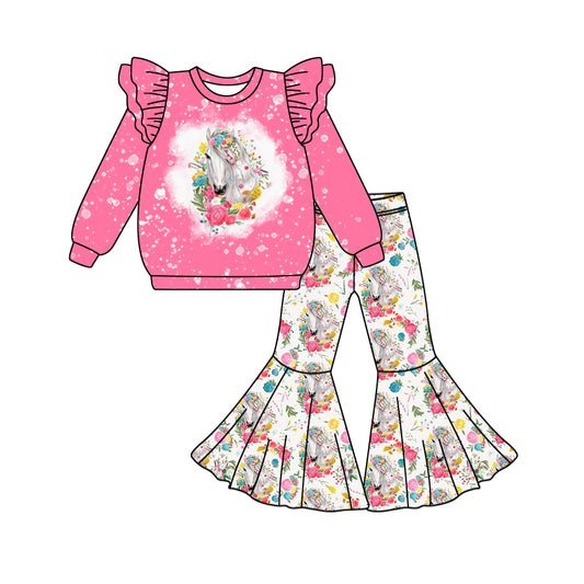 6.25 custom each style moq 5eta 4-6week floral horse pink long sleeve pants baby girls sets