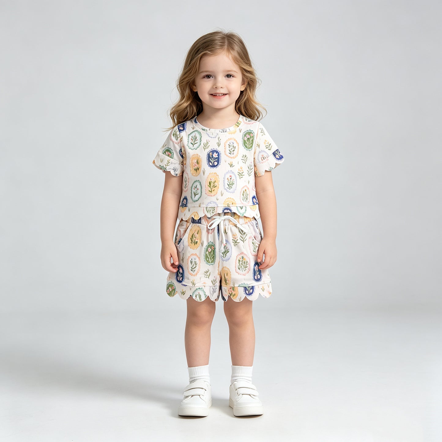 NEW RTS NO MOQ milk silk GSSO3643 Baby Girls Colorful Flowers Top Short Scallop Clothes Sets
