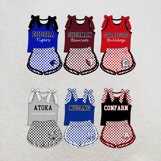 custom moq 5 mix size MSD070607 Baby Girls Checked Bow Sleeveless Tank Top And Checked Elastic Waist Shorts Set