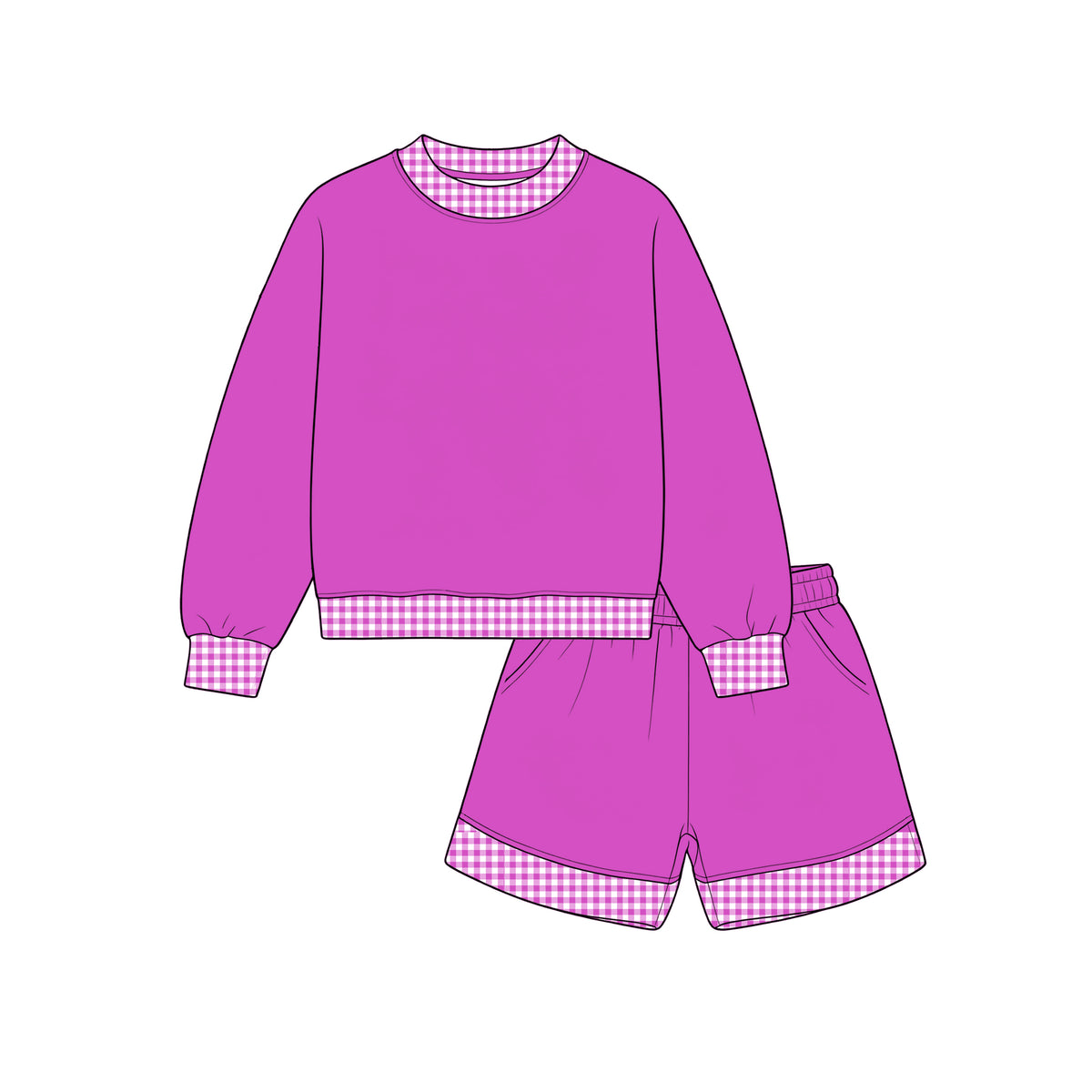 Custom moq 5 girls  Blank Cotton Fabric Sweatshirt Shorts Set Magenta sweatshirt and shorts set