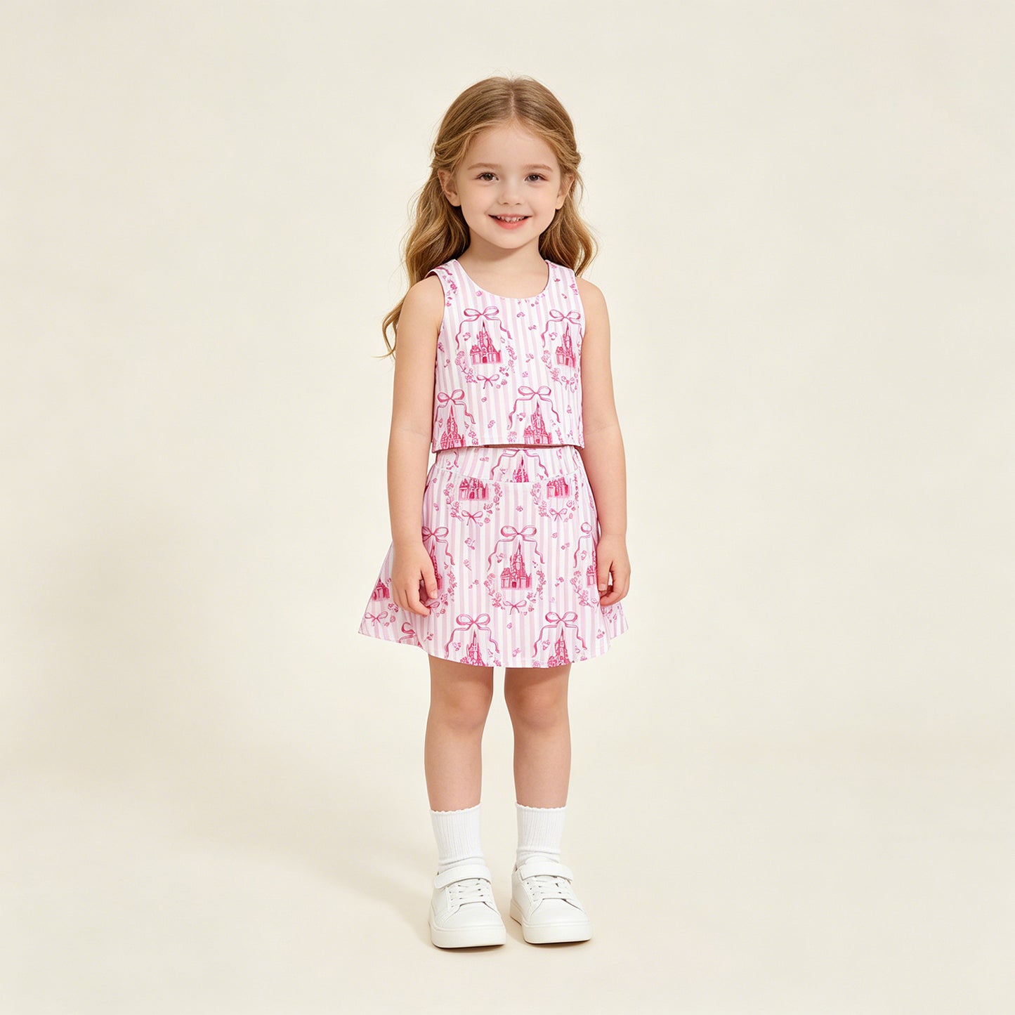 RTS NO MOQ yoga fabric GSD3814 Baby Girls Sweet Pink Stripe Bow Sleeveless Active Wear Set