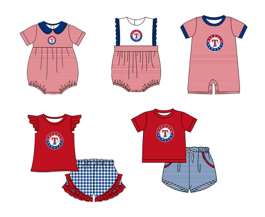 Custom moq 5 mix size milk silk summer teams Baby Boys And Girls Red Short-Sleeved Shirt And Shorts Set Matching Striped Rompers Outfit Set