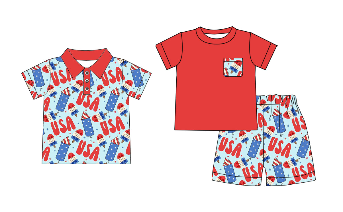 3.2 Custom moq 5 mix size Sibling Baby Boys 4th of July Short-Sleeved Red Top And Shorts Set Short-Sleeve Polo Shirt  for Infants