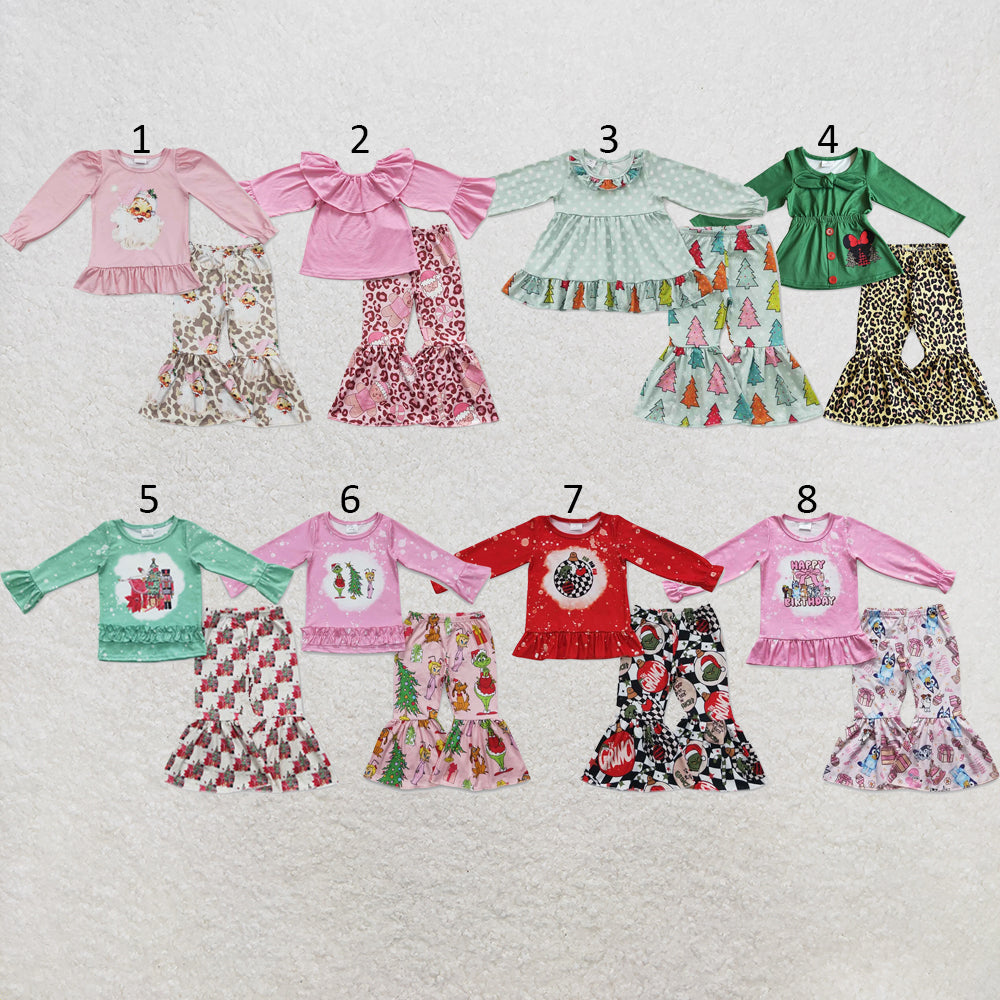 RTS NO MOQ Sibling milk silk Baby Girls Christmas Long Sleeve Top Bell Bottom Pants Clothes Set