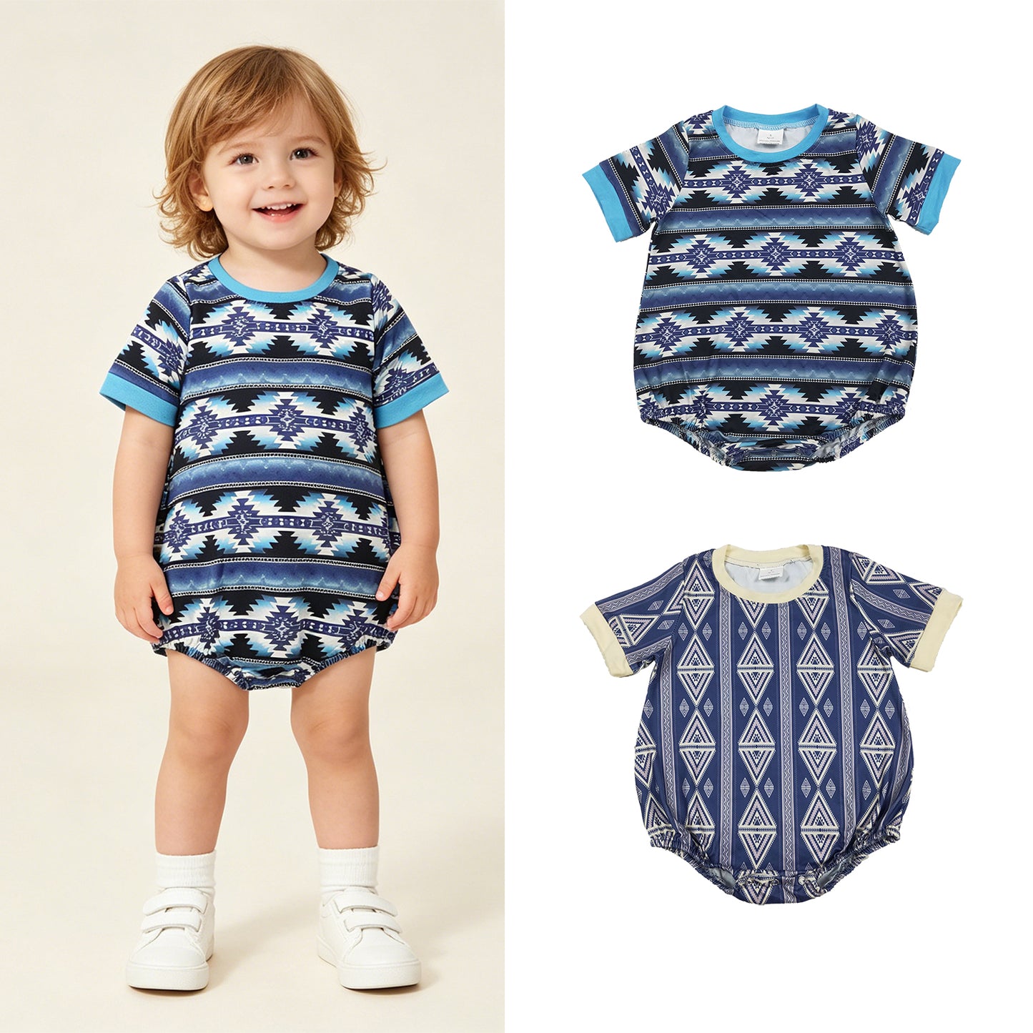 RTS NO MOQ Sibling milk silk Baby Boys Western Aztec Print Short Sleeve One Piece Rompers