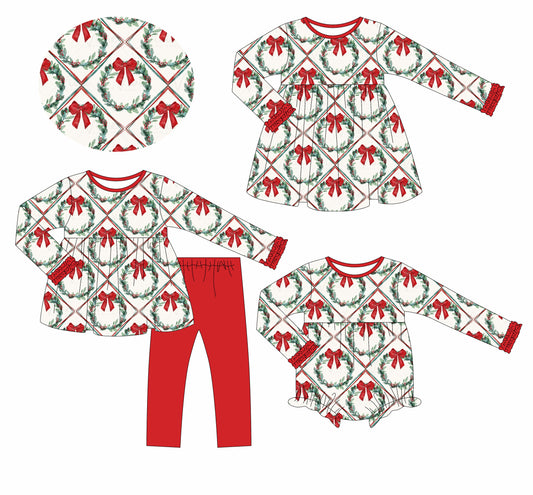 25.6.7 custom each style moq 5eta 4-6week Sibling Sisters Christmas bow baby girl long sleeve pants sets and dress and rompers match family design