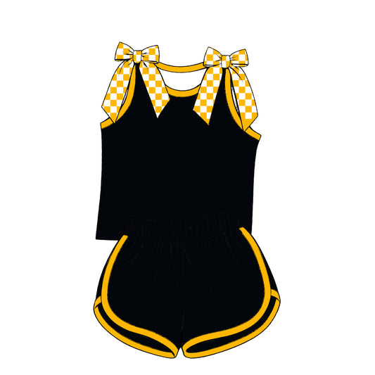 custom moq 5 mix size Baby Girls Yellow Checked Bow Sleeveless Top Shorts Summer Casual Outfit Set