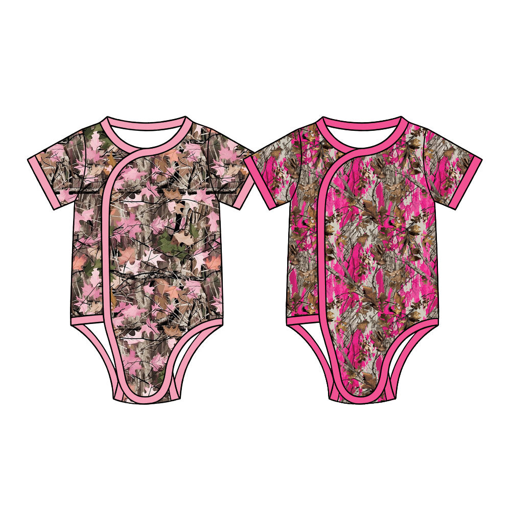 (Preorder new) No moq Baby Girls Pink Camo Leaf Print Short Sleeve Side Snap Bodysuit Romper