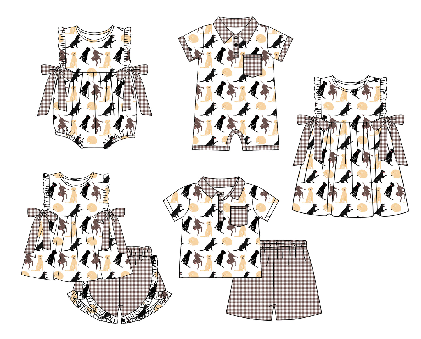 12.12 custom each style moq 5eta 4-6week Sibling Sister puppy Baby girl short sleeve shorts sets and sets 2 and girls romper and boy romper and dress match design