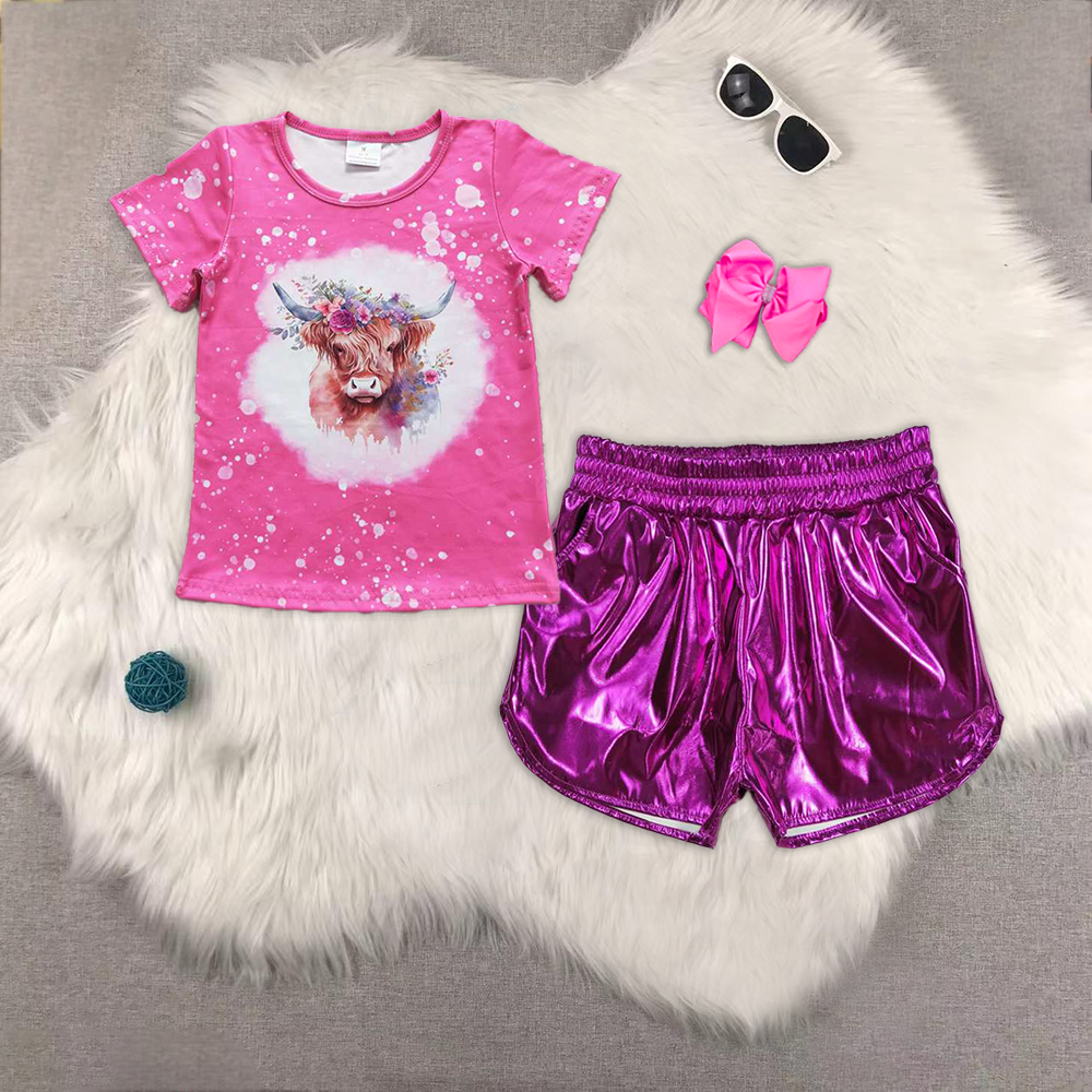 RTS NO MOQ ETA 5/7days Arrived GT0212+SS0412 Alpine cow flower rose red short-sleeved top Shiny leather dark purple shorts sets
