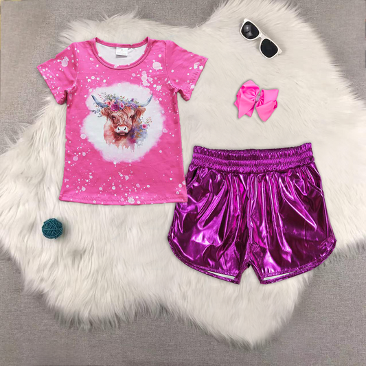 RTS NO MOQ ETA 5/7days Arrived GT0212+SS0412 Alpine cow flower rose red short-sleeved top Shiny leather dark purple shorts sets