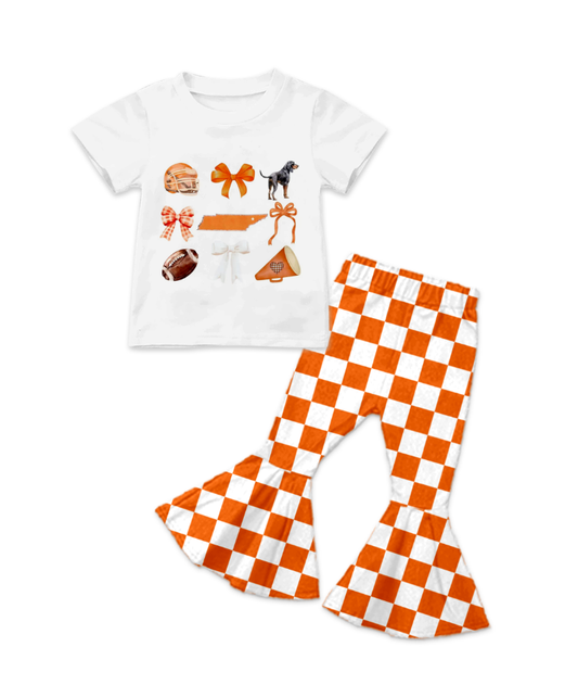 Custom summer teams baby girl clothes team bow orange plaid short sleeve pants sets-25.8.16