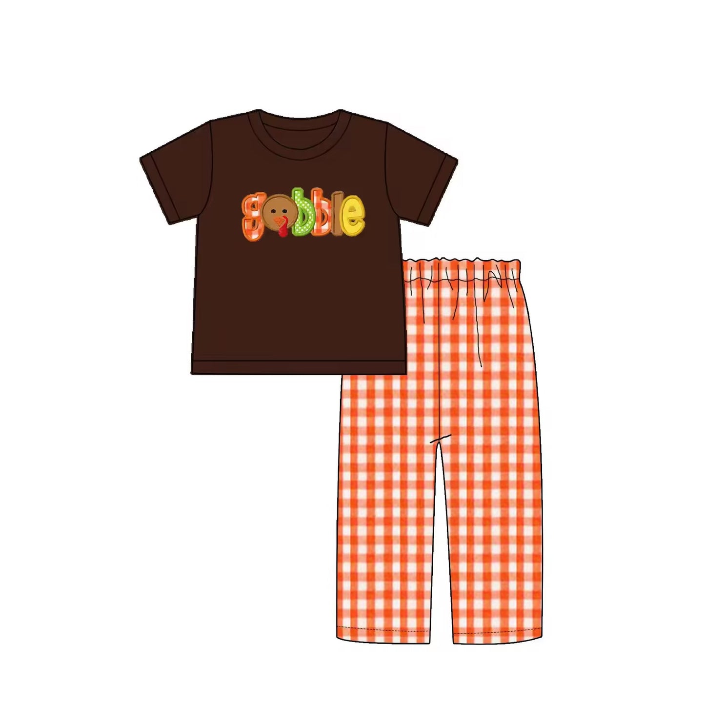Custom moq 3 eta 6-8weeks Embroidered Letters Brown Short Sleeve-Orange Plaid Trousers Set