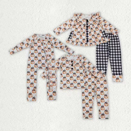 RTS NO MOQ Sibling Baby girls clothes Halloween pumpkin bow long-sleeved trousers suit & rompers