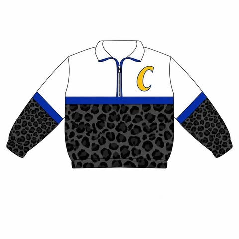 custom moq 5 mix size KNMEAT0201 Adult And Kids Leopard Patchwork Team Long Sleeve Zip Pullover Top