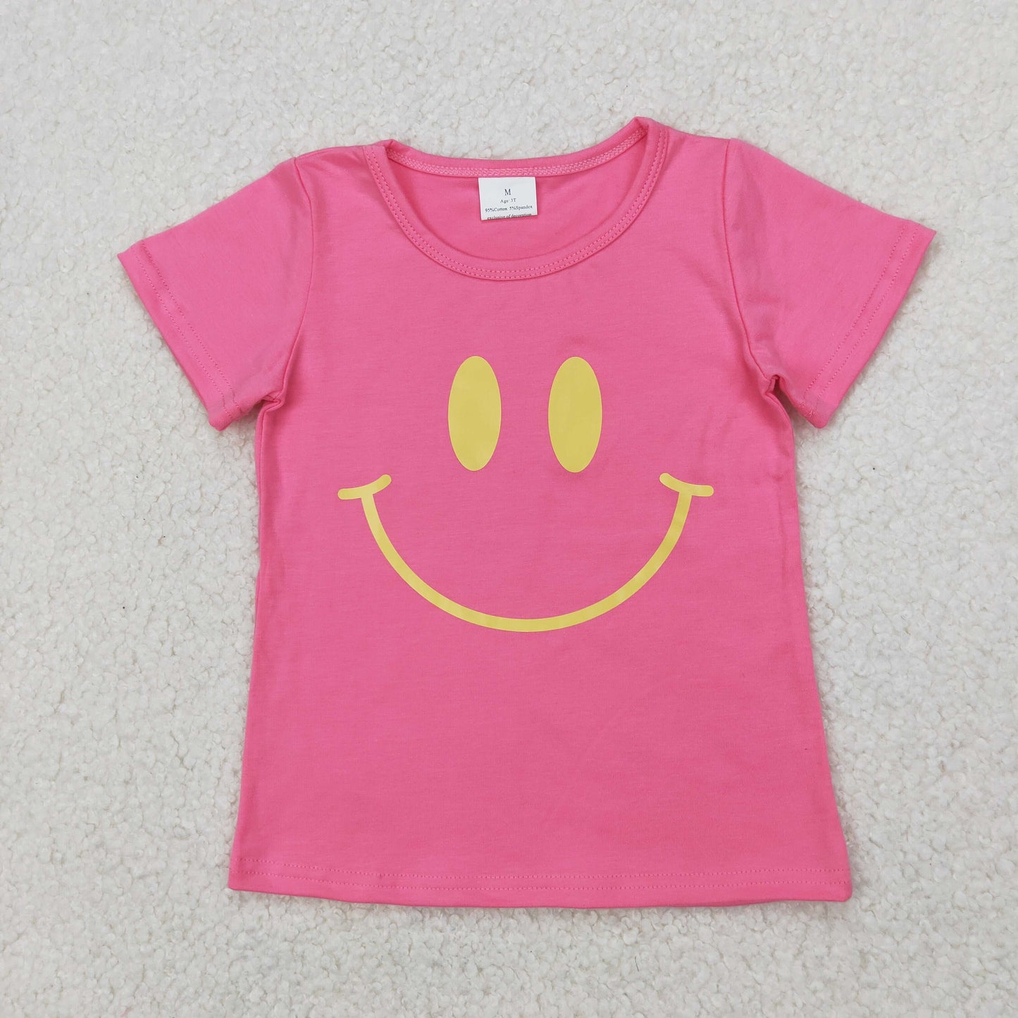 RTS NO MOQ ETA 5/7days Arrived GT0959 Offset printing smiley face rose red short-sleeved top