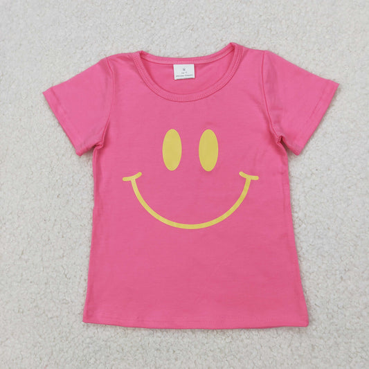 RTS NO MOQ ETA 5/7days Arrived GT0959 Offset printing smiley face rose red short-sleeved top