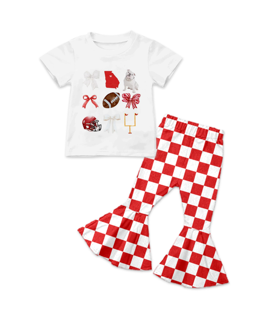 Custom summer teams baby girl clothes team bow red plaid short sleeve pants sets-25.8.16