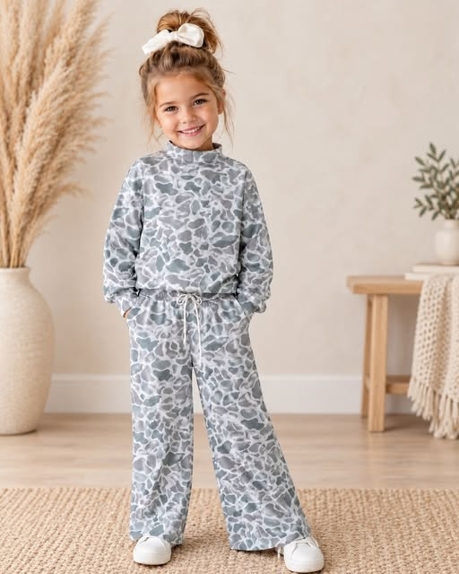 custom moq 5 mix size AYML0102 Adult To Match Kids High Neck Grey Print Mock Neck Long Sleeve Top Wide Leg Pants Outfit Set