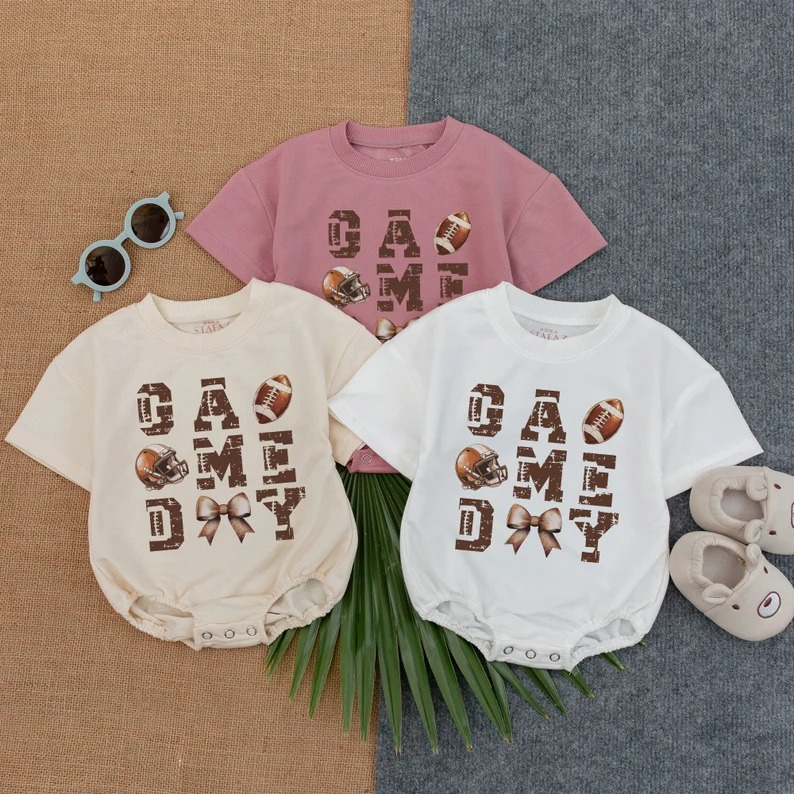 Custom moq 5 each style eta 6-7weeks baby girl clothes team rugby bow short sleeve romper 3-25.7.26