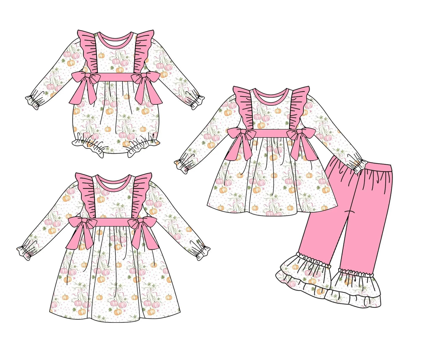 Custom moq 5 each style eta 6-7weeks baby girl clothes pumpkin long sleeve pants sets and romper and dress -25.8.2
