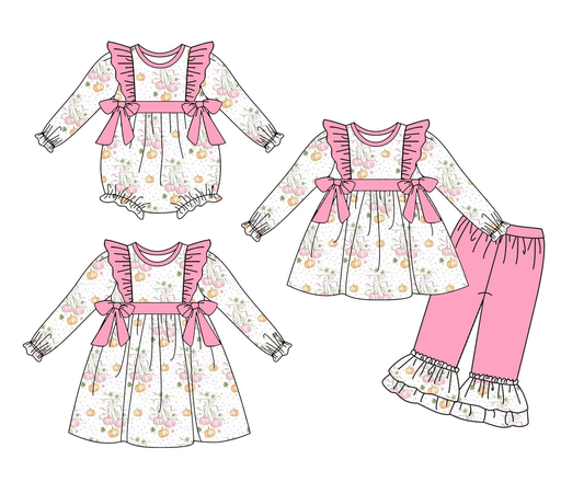 Custom moq 5 each style eta 6-7weeks baby girl clothes pumpkin long sleeve pants sets and romper and dress -25.8.2