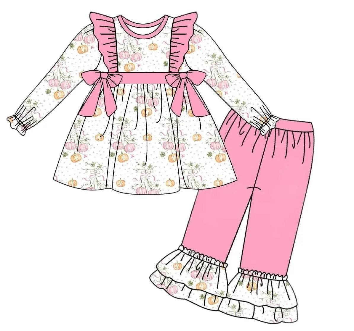 Custom moq 5 each style eta 6-7weeks baby girl clothes pumpkin long sleeve pants sets and romper and dress -25.8.2