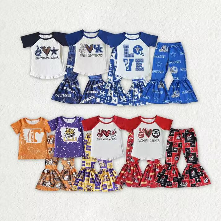 RTS NO MOQ Victory Sign-Heart-Five-Pointed Star Pattern Short Sleeve Flared Pants Suit