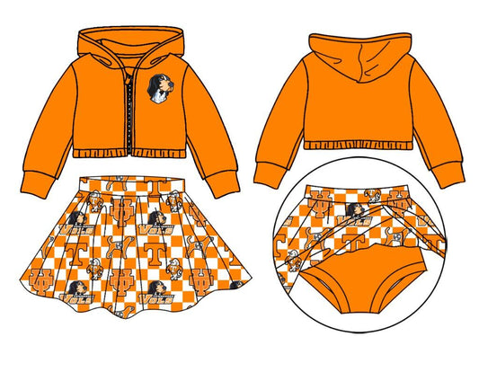 custom moq 3 eta 6-7weeks team summer baby girls clothes orange hooded with skirts sets