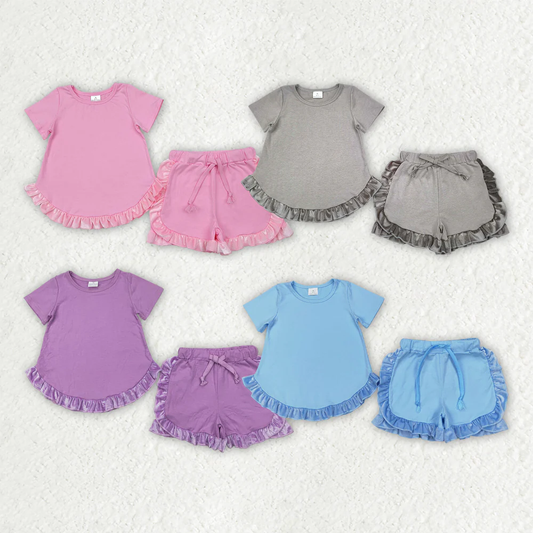 RTS summer Girls Clothes solid color Short Sleeve Shorts Set