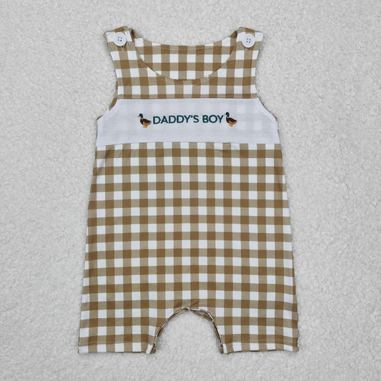 RTS NO MOQ ETA 5/7days arrived SR2303 Embroidered daddy's boy duck green plaid sleeveless jumpsuit