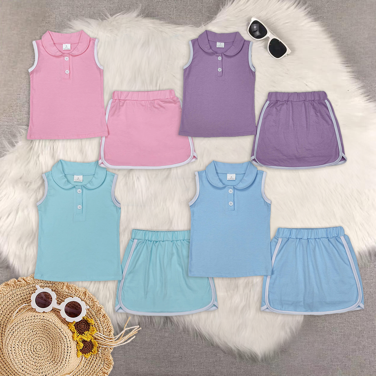 RTS NO MOQ baby girls Clothes pure color short sleeve pants skirts Sets