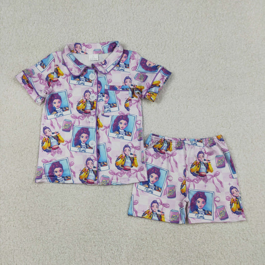 12/18m-14/16t RTS NO MOQ（In Stock) Kpop Photo Bow Pattern Purple Plaid Short-Sleeve Shorts Pajama Set