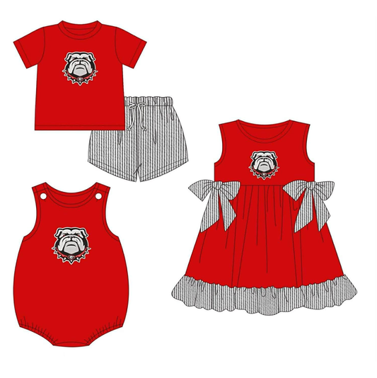 Custom moq 5 mix size milk silk summer teams Boys Red Short-Sleeved Shirt And Shorts Set with Matching Red Sleeveless Romper And Girls Dress