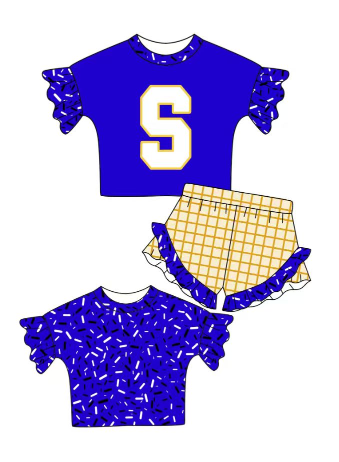 Custom moq 5 mix size milk silk summer teams baby girl clothes blue short sleeve shorts sets