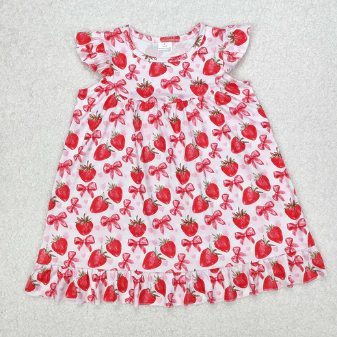 RTS NO MOQ Girls clothes bow strawberry red short sleeve Clothes Sets dress